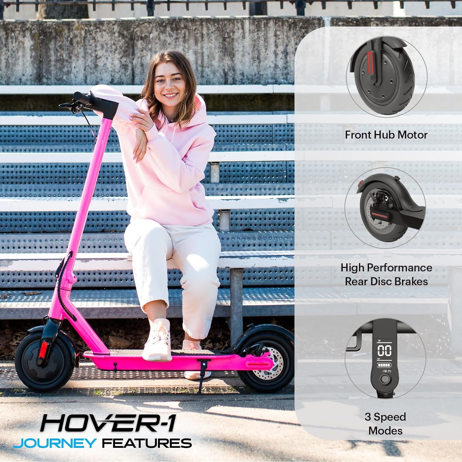 Journey Electric Scooter 14MPH, 16 Mile Range, 5HR Charge, LCD Display, 8.5 Inch High-Grip Tires, 220LB Max Weight, Cert. & Tested - Safe for Kids, Teens, Adults